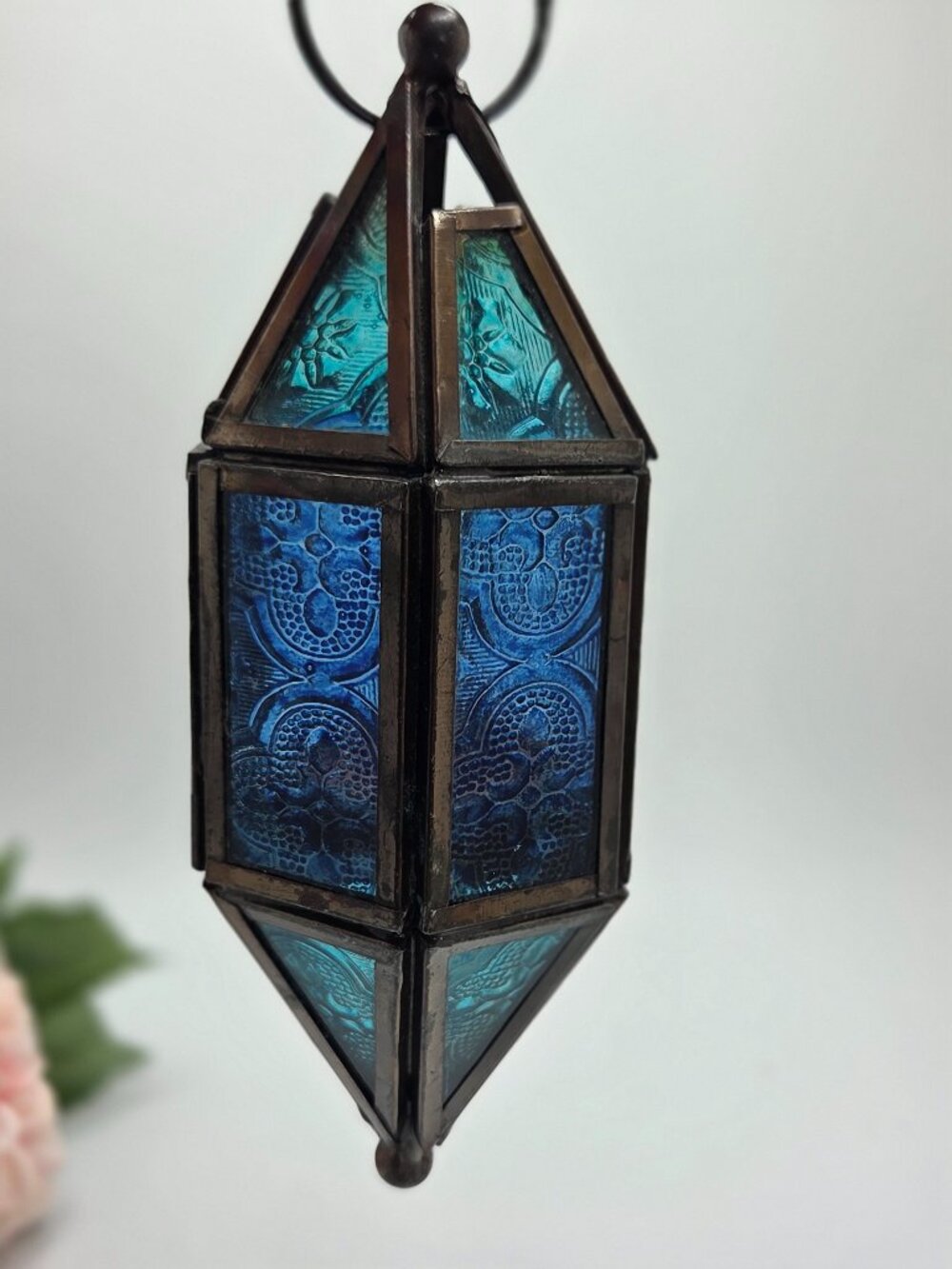 Vintage Hanging Lantern Metal & Embossed Glass Candle Holder Aquamarine & Blue